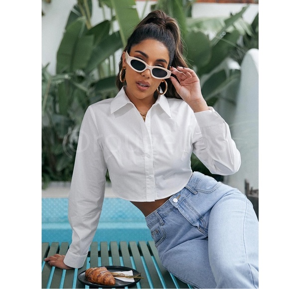 100% Cotton White Crop Button Up Down Long Sleeve Collared Shirt - Picture 6 of 7